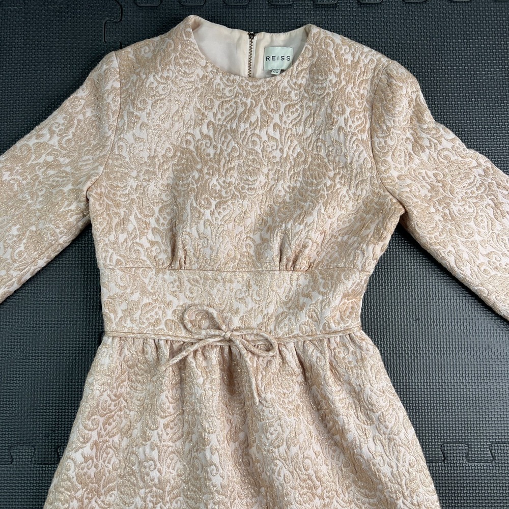 REISS‎ Rose Gold Melanie Jacquard Party Dress Sz 4 Tie Waist Cocktail Wedding - Picture 4 of 16